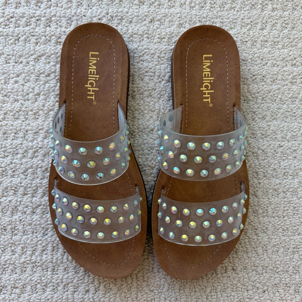 Limelight Studded Clear Strap Sandals Resortwear Vacation Rhinestone